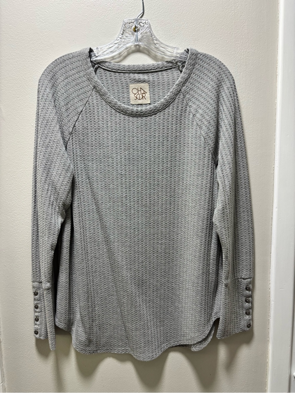 Chaser Waffle Knit Top Womens Large Gray Button Cuff Raglan Thermal Pristine